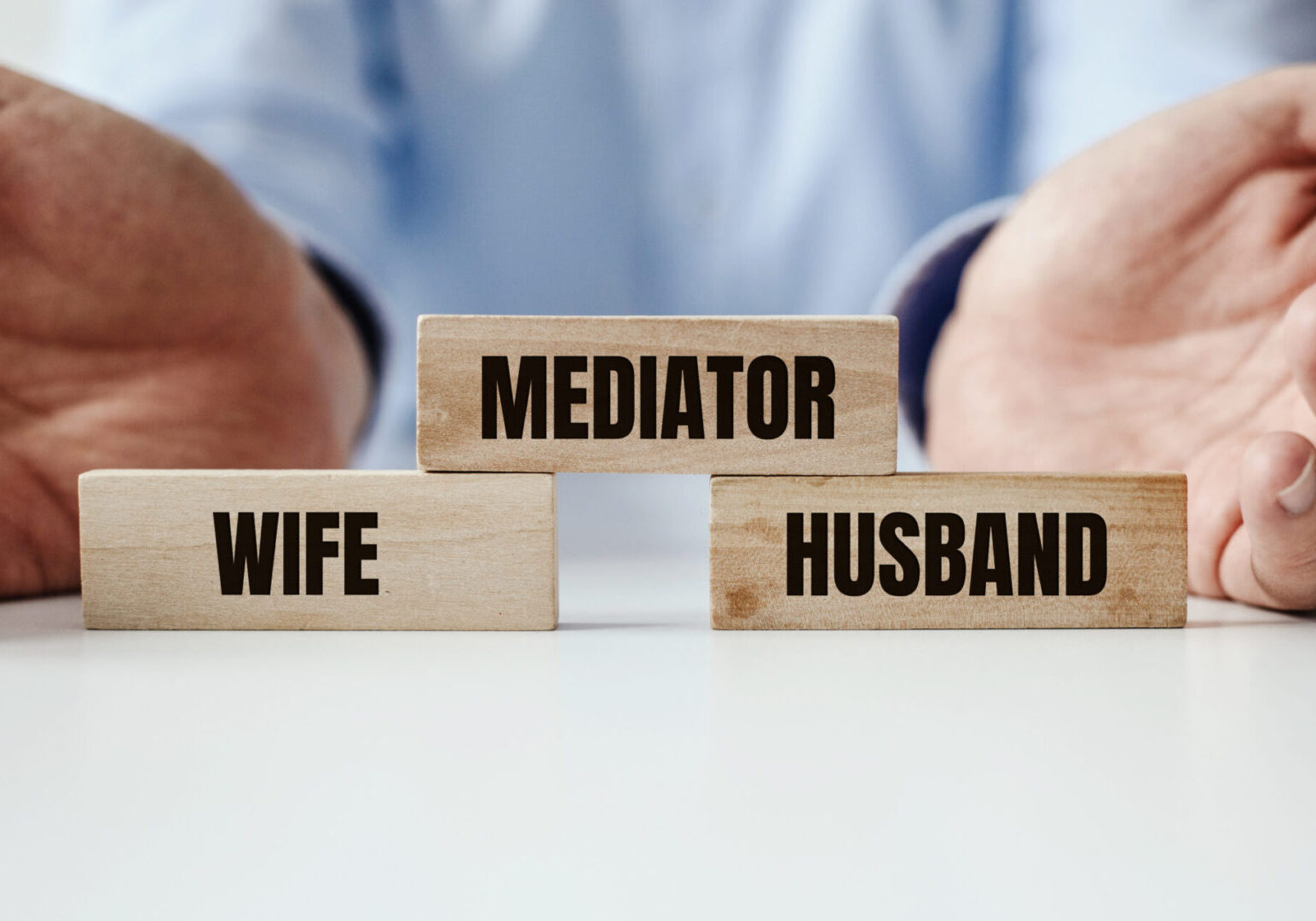 An attempt to mediate during a divorce and the last resort, that is the Court. Arranged blocks with the words Husband, Wife, Mediator and the Court. The order of the proceedings in family conflict.